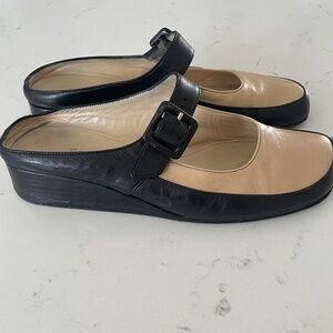 Taryn Rose Kimber Camel and Black Mary Jane Mules
